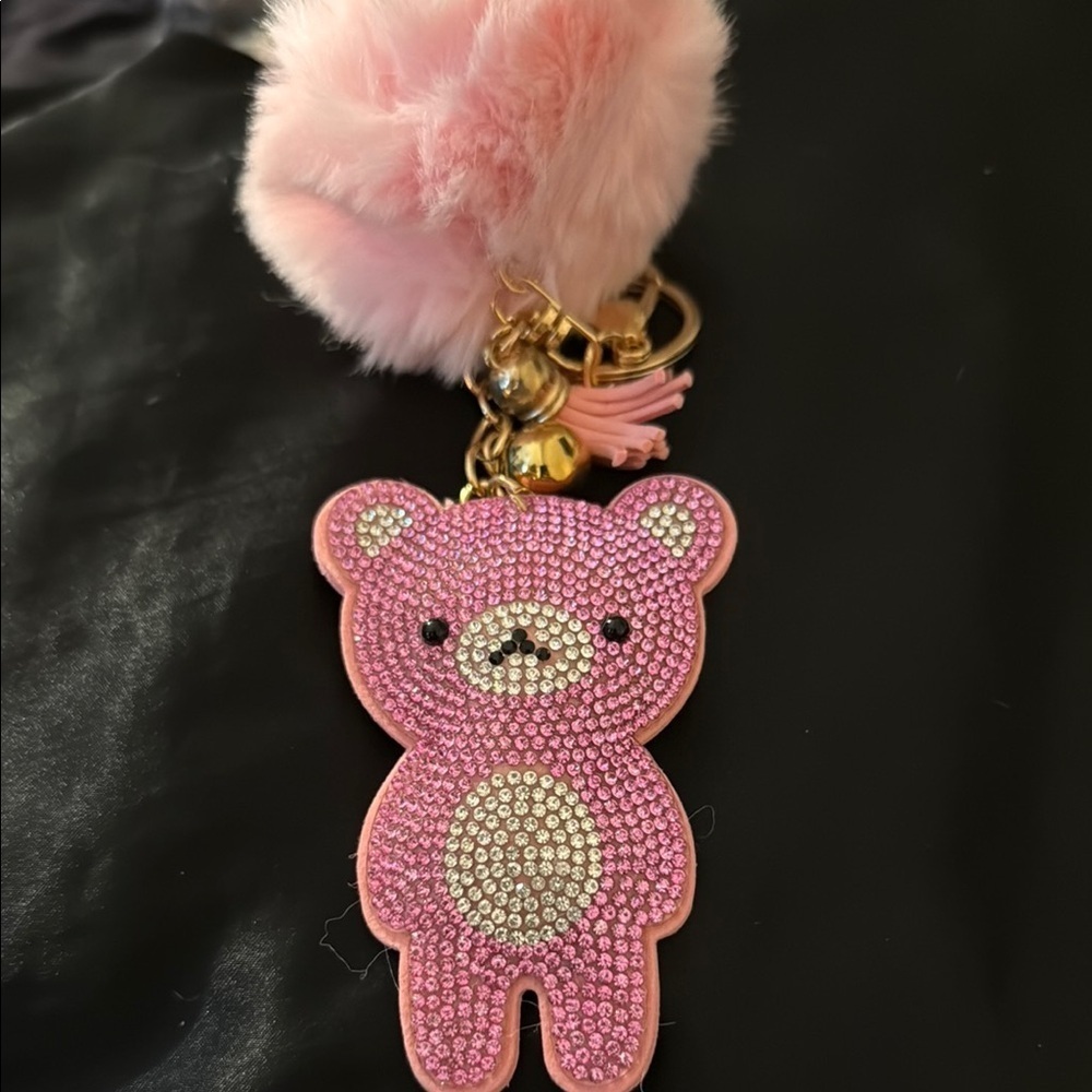 Pink Bear Keychain with Pom Pom
